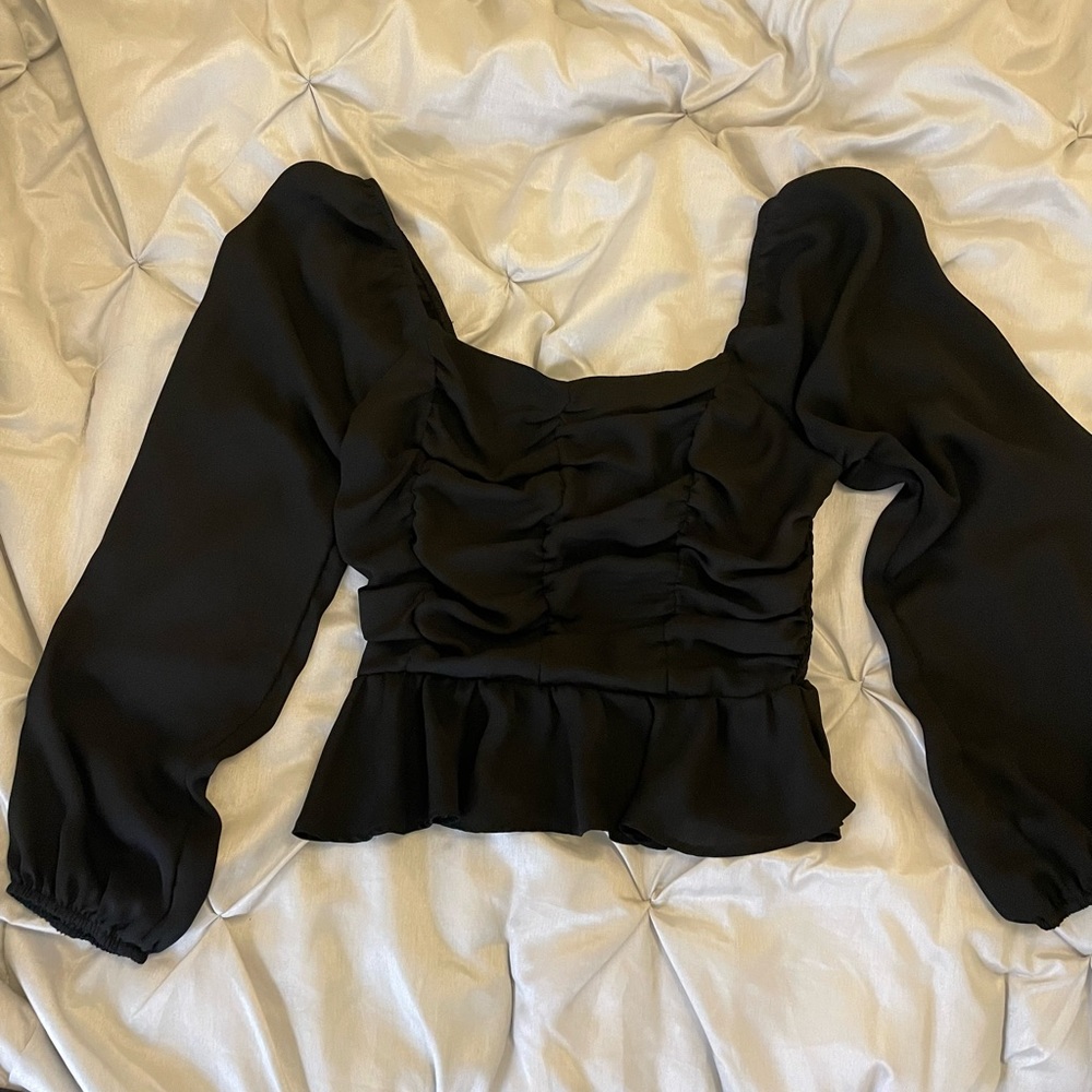 Black Long Sleeve Ruffle Blouse Top